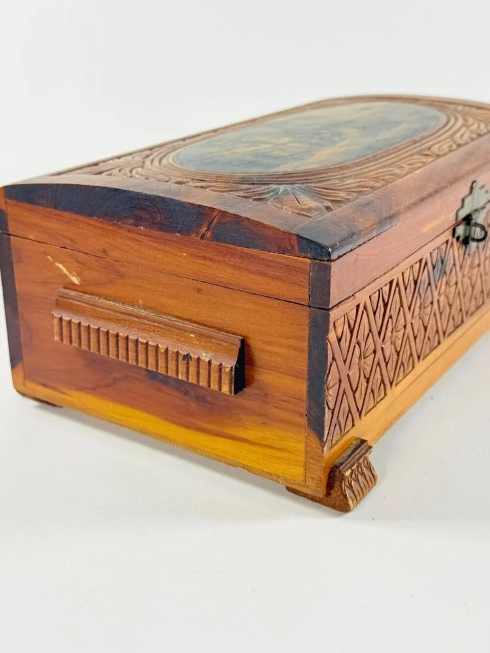 Vintage Cedar Wood Jewelry Box With Carved Floral Design & Landscape Scene Lid